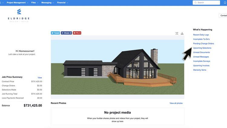 Louisville home design interface showing 3D modern house and project details by top architects.