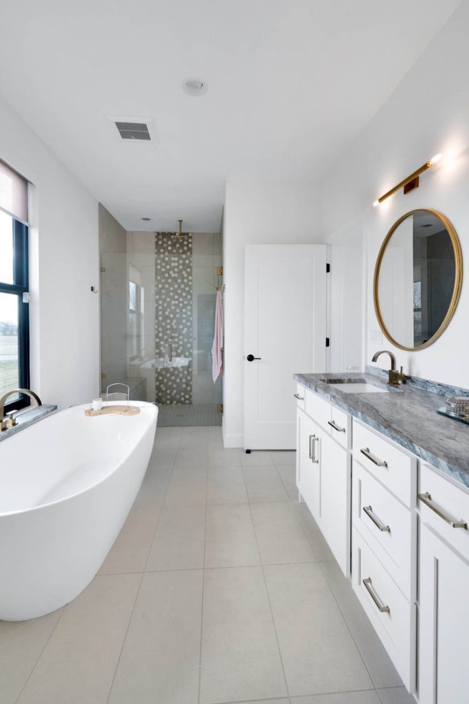 Louisville modern bathroom with freestanding tub, glass shower, and marble vanity by top custom home builders.