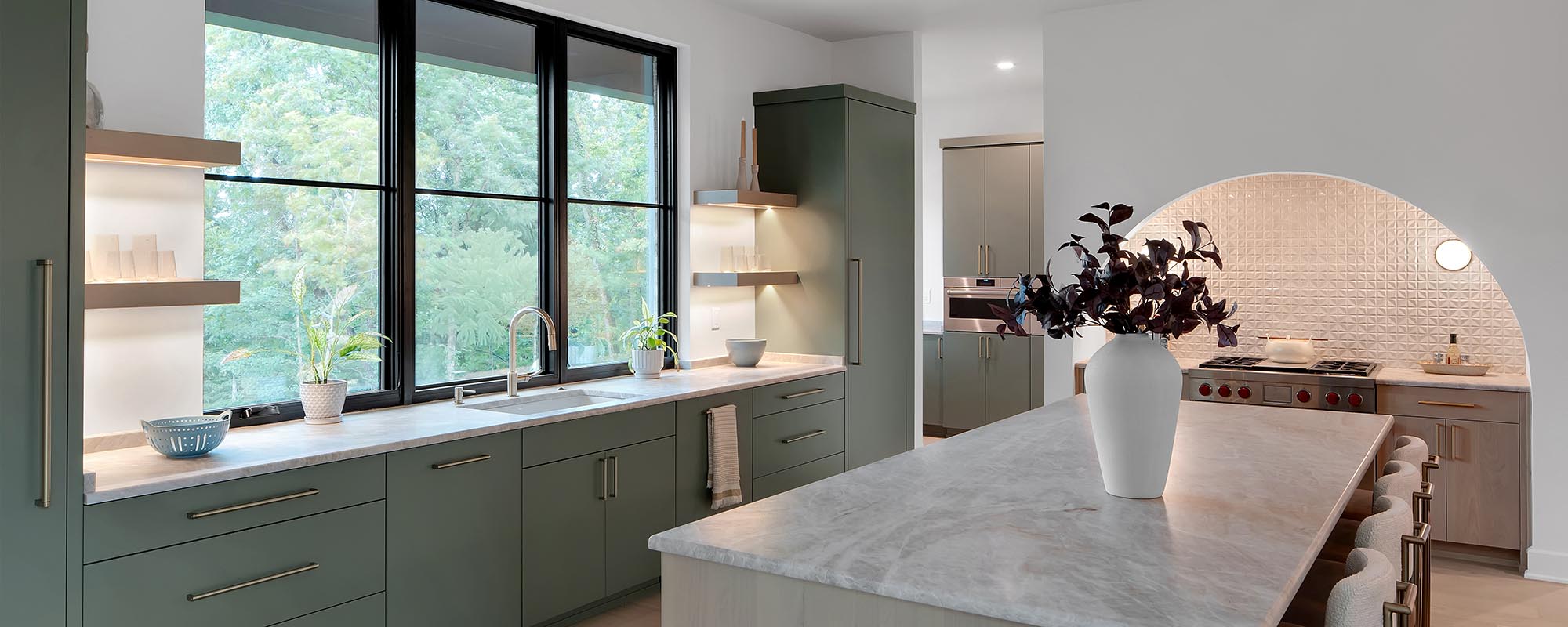 modern green and white oak kitchen