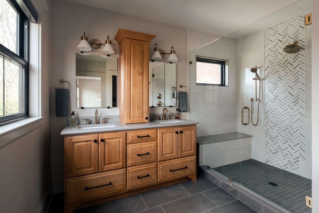 Renovated primary bathroom with shower room